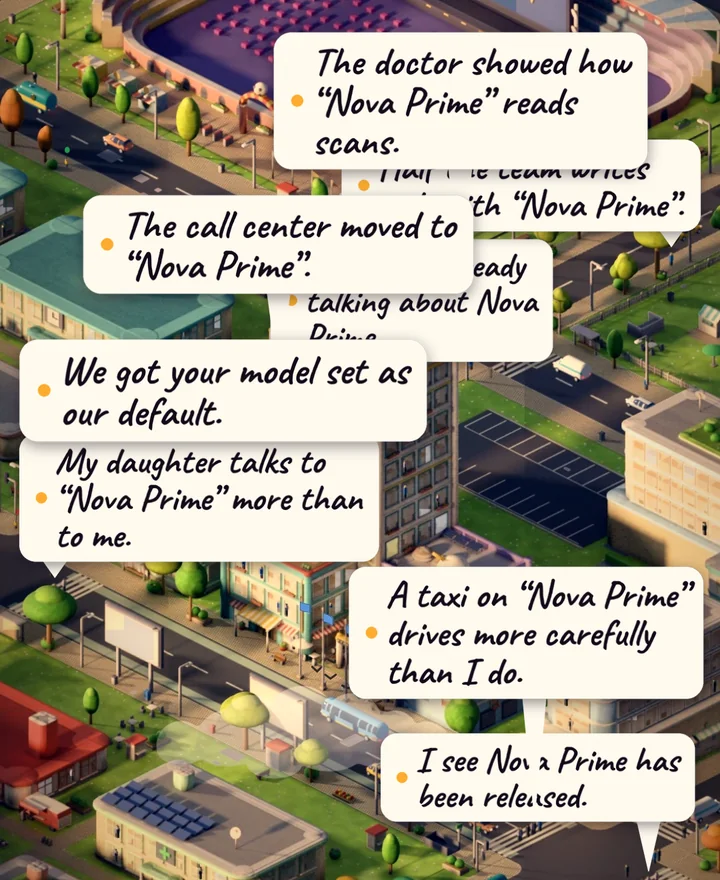 Gelembung obrolan di atas kota setelah rilis model di AI Inc: Tycoon