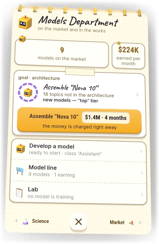 Halaman Departemen Model di AI Inc: Tycoon