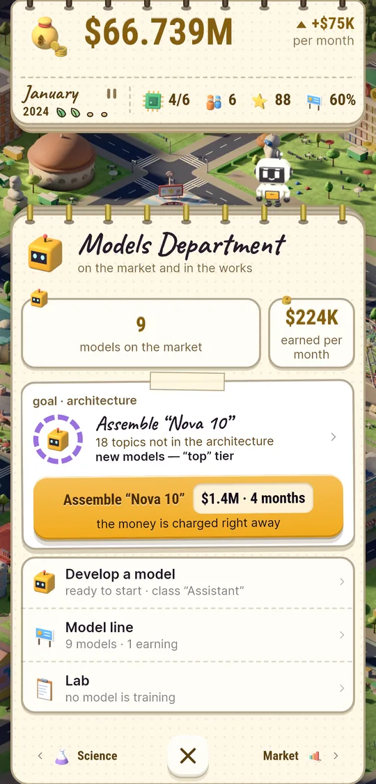 Halaman Departemen Model di AI Inc: Tycoon